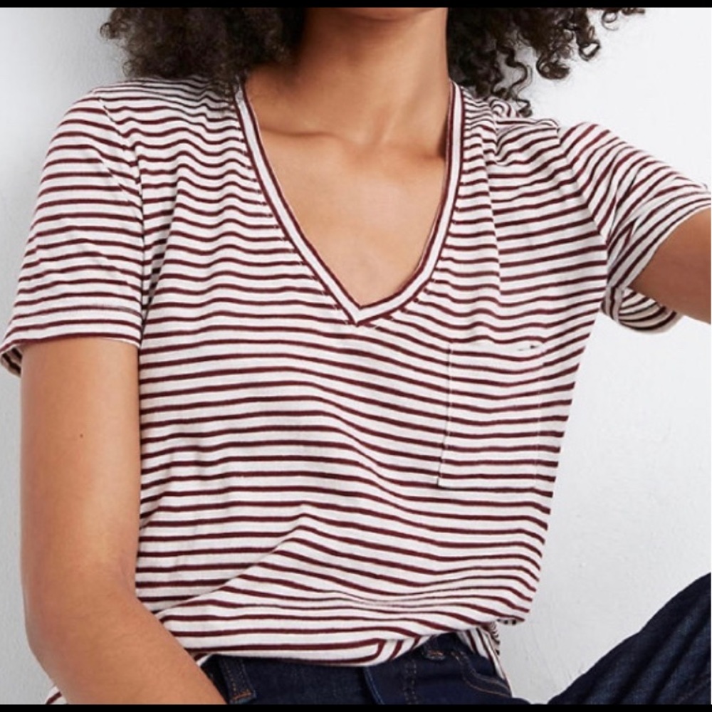 Red and white striped Madewell V-neck